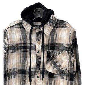 Eighty Eight‎ Women's Hoodie Flannel Shirt Size M Cream Black Plaid Front Pocket